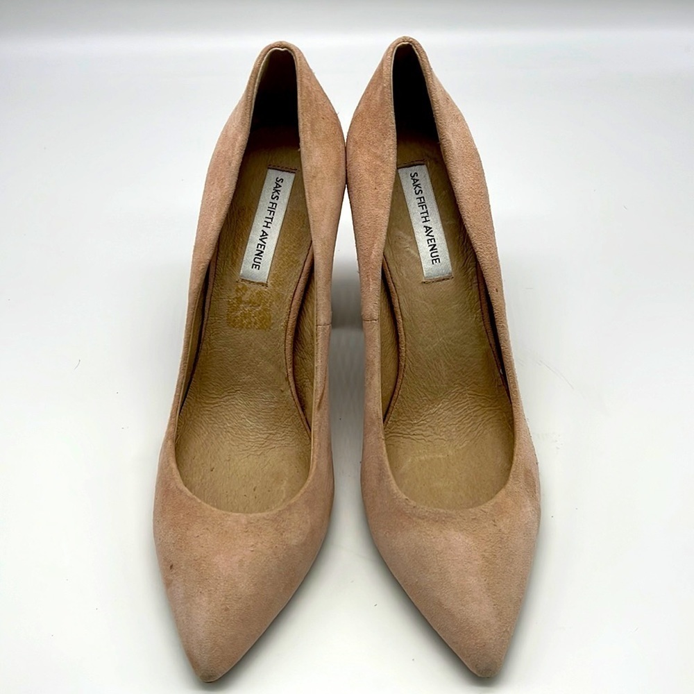 Saks Fifth Avenue - Light Pink Suede Pointed Toe Block Heels Size 7.5